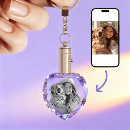 Upload phone photo to create LED heart crystal photo keychain — custom pet gift