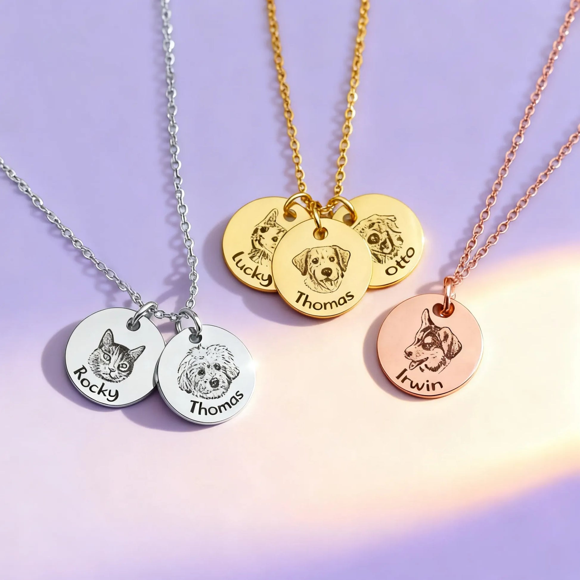 Gold, silver and rose gold custom pet portrait disc necklaces, engraved dog/cat faces