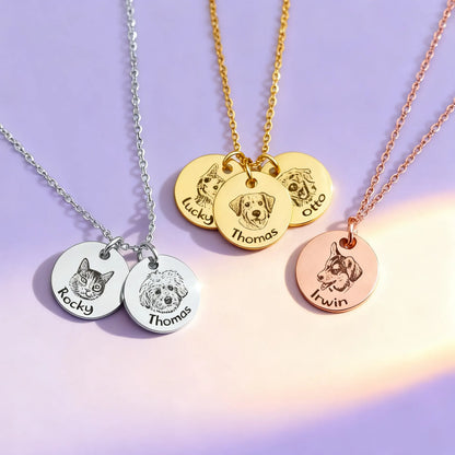 Gold, silver and rose gold custom pet portrait disc necklaces, engraved dog/cat faces