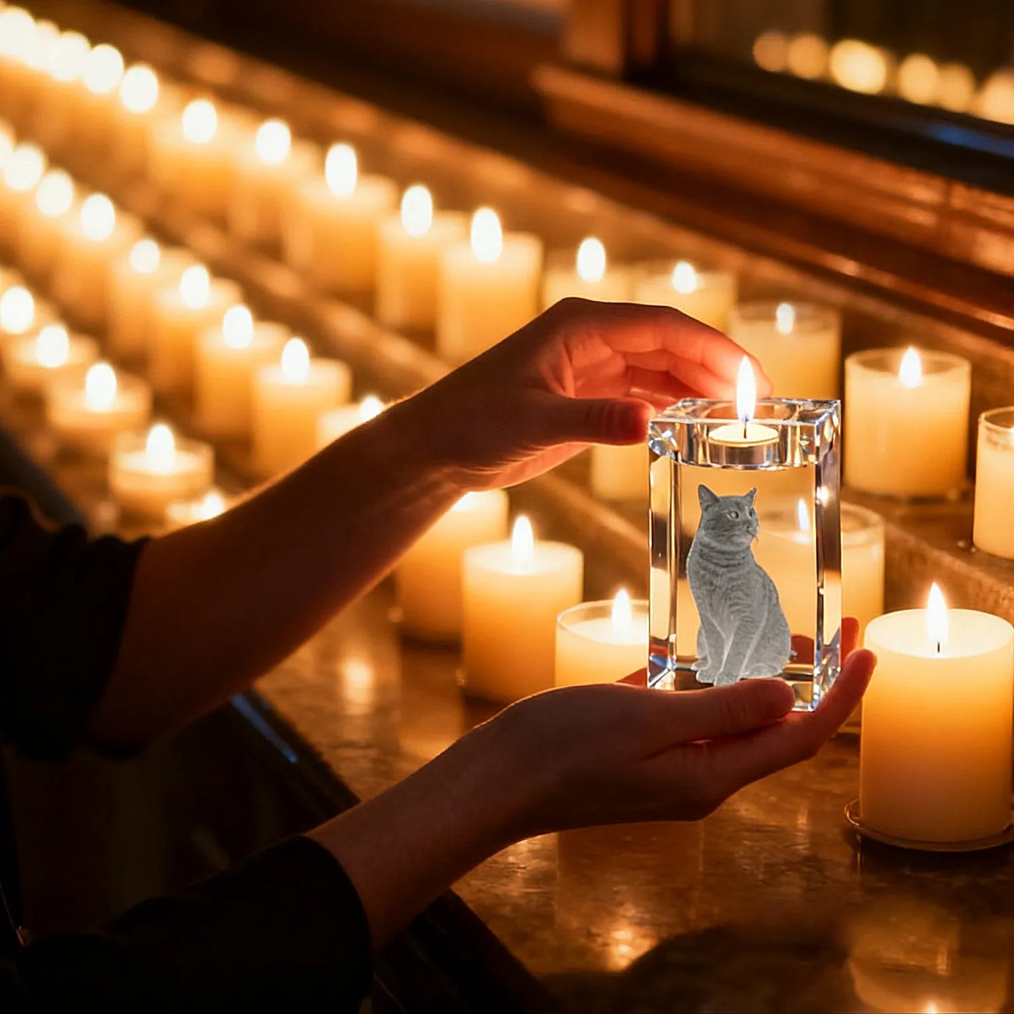 Memorial crystal candle holder decor on table with warm light