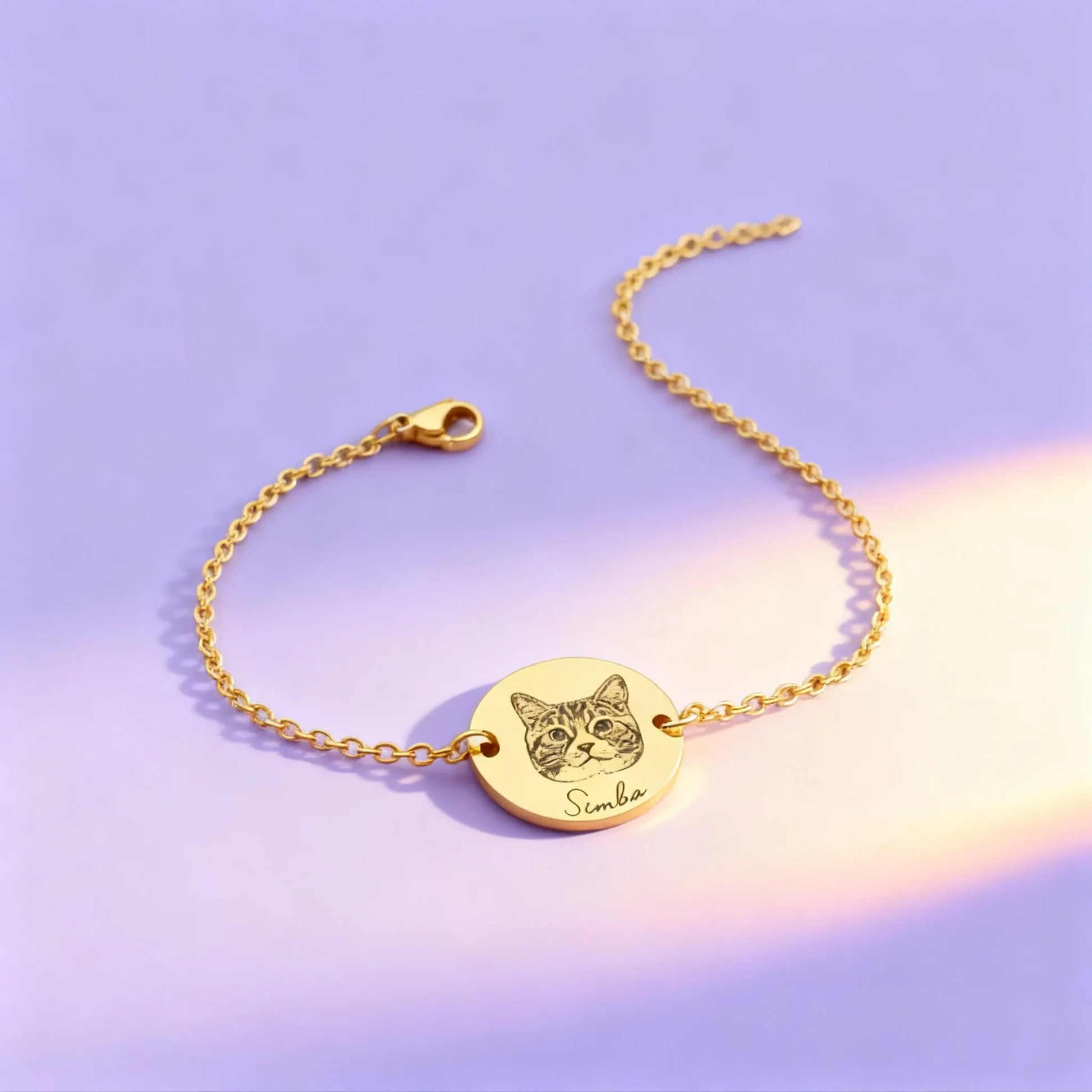 Gold adjustable bracelet with engraved cat face disc — personalized pet jewelry
