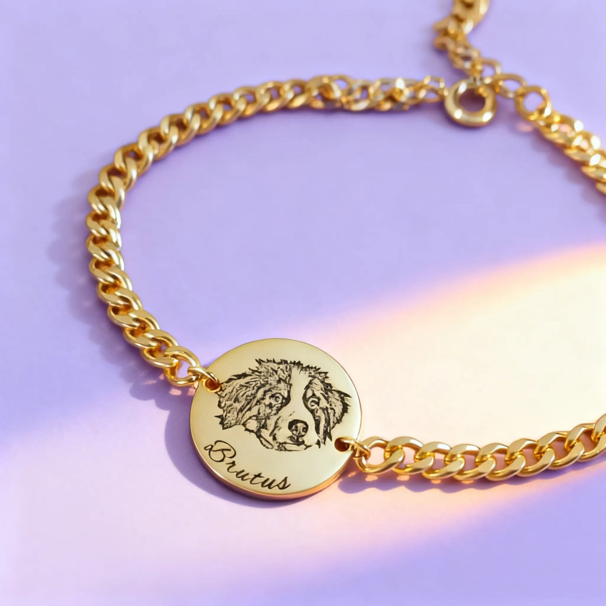 Gold chain bracelet with engraved pet portrait disc and name — personalized gift