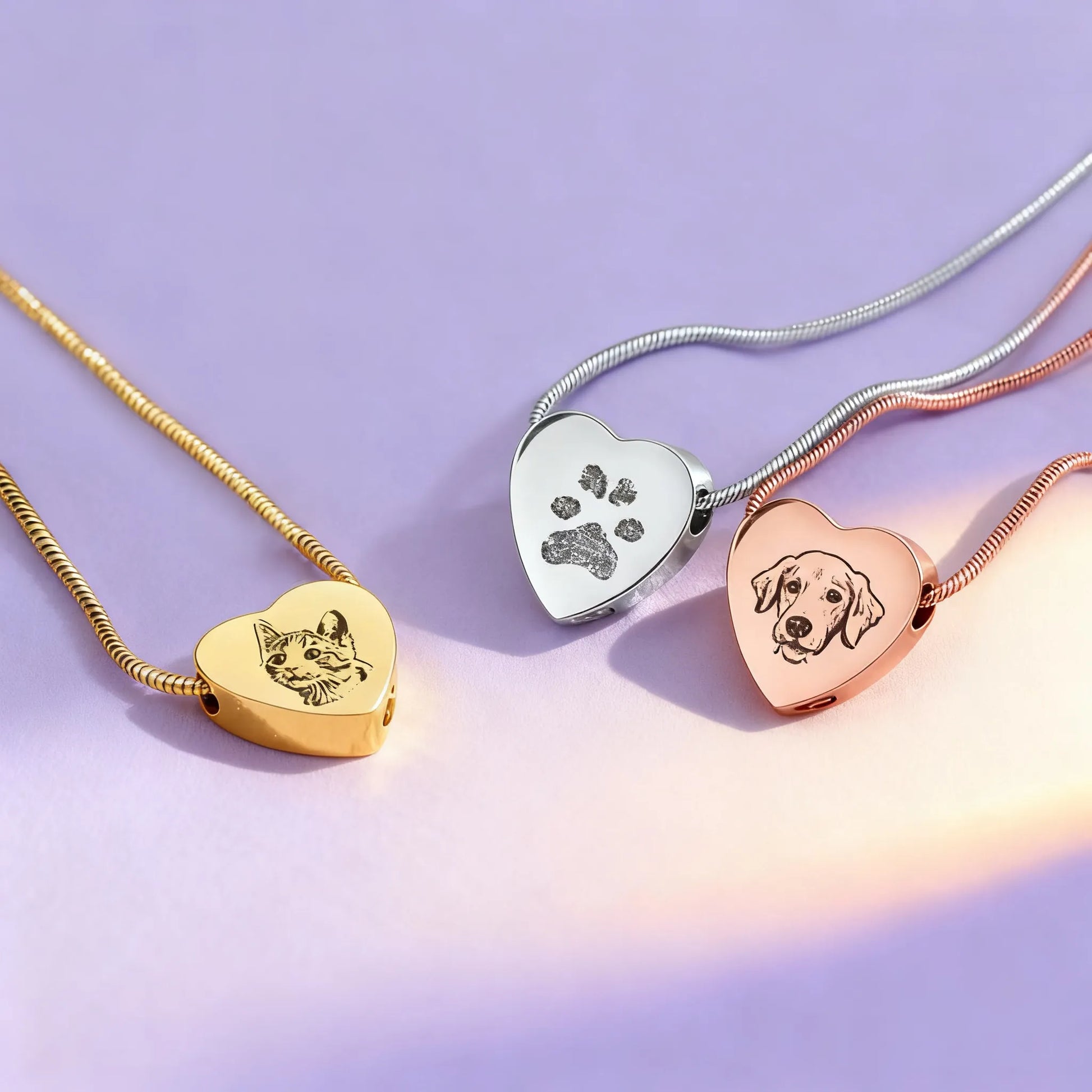 Heart pet ashes urn necklaces in gold, silver, rose gold — paw print and pet portrait memorial options