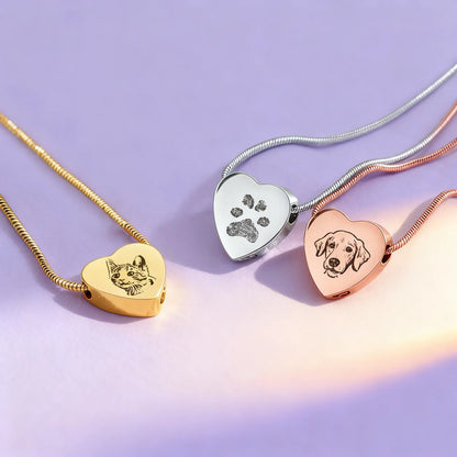 Heart pet ashes urn necklaces in gold, silver, rose gold — paw print and pet portrait memorial options