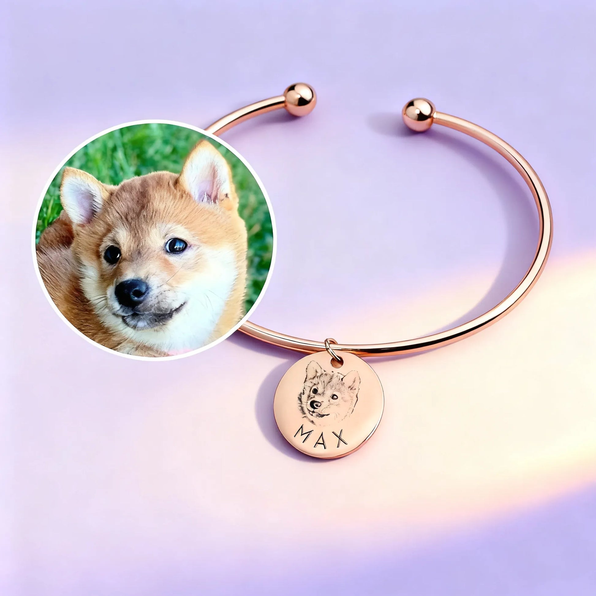 Rose-gold open bangle bracelet with engraved pet portrait charm