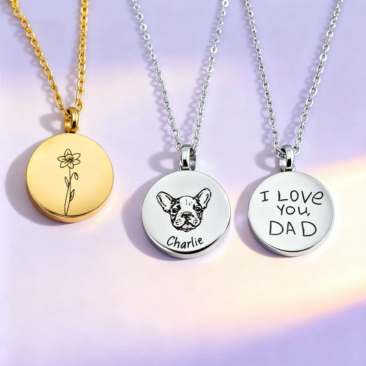 Pet cremation urn coin necklaces — birth flower, pet portrait, and “I love you Dad” memorial designs