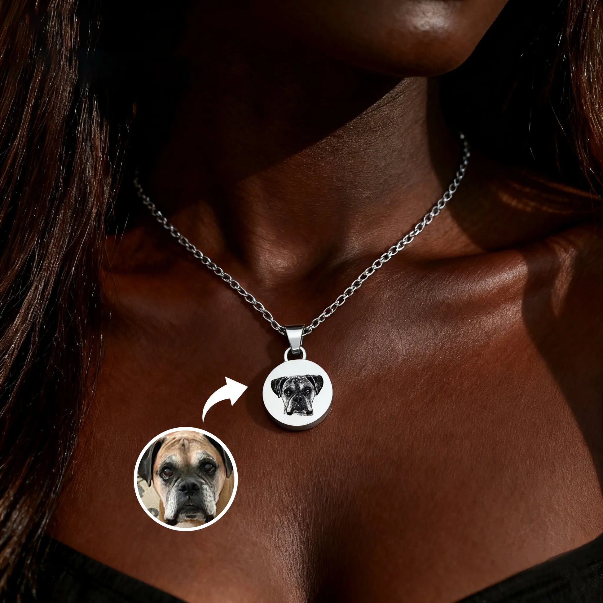 Model wearing silver round pet ashes urn necklace with photo charm — memorial locket