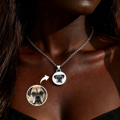 Model wearing silver round pet ashes urn necklace with photo charm — memorial locket