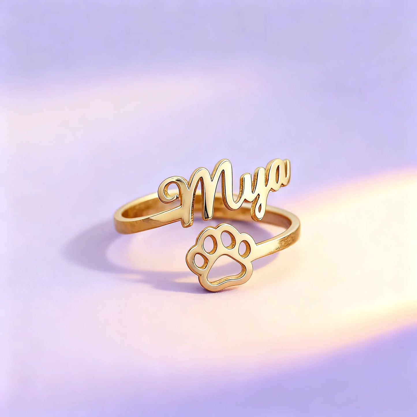 Personalized gold paw print name ring — custom adjustable pet name jewelry gift