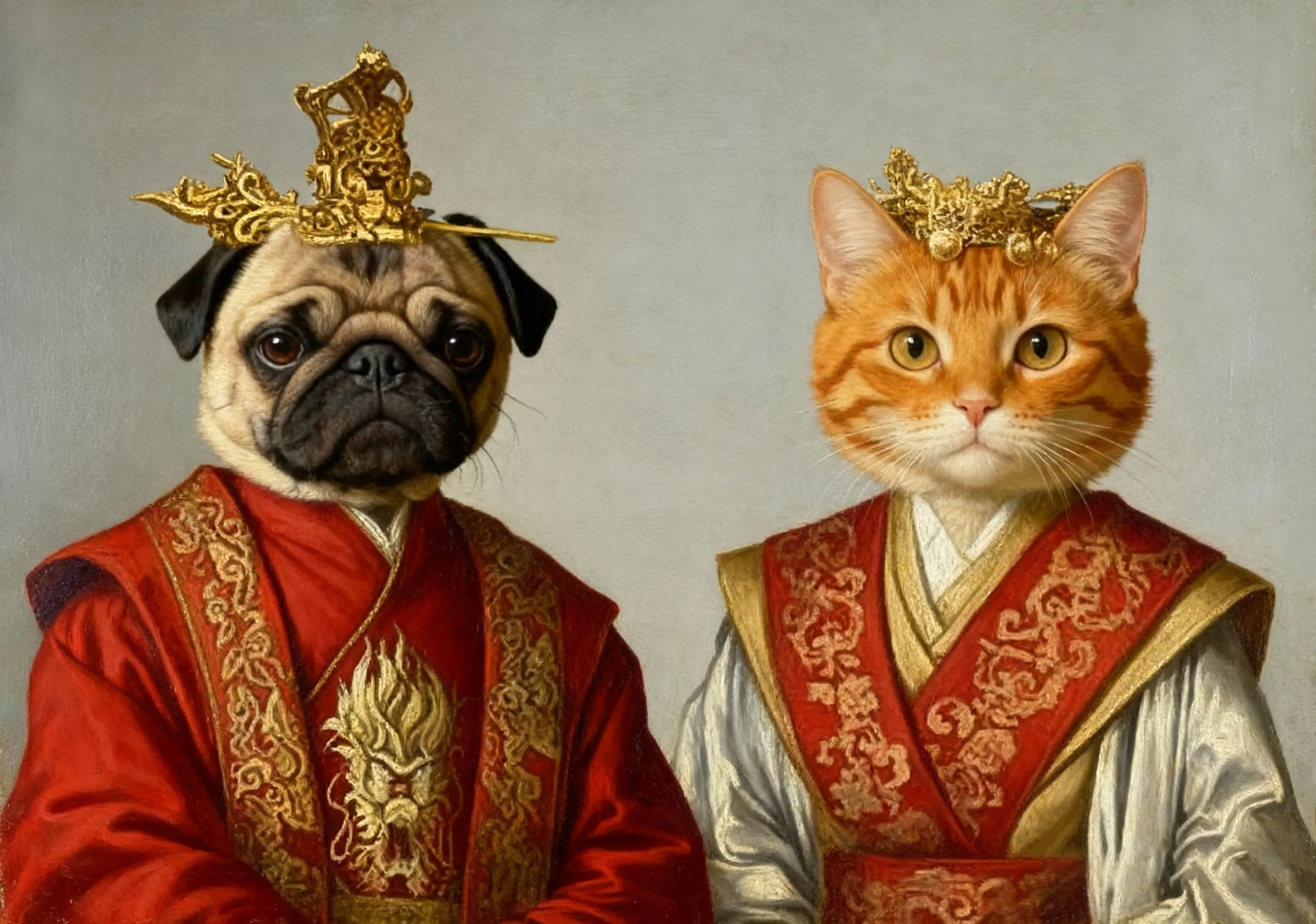 Eastern imperial portrait template with red silk brocade, gold motifs, and symmetrical ceremonial composition