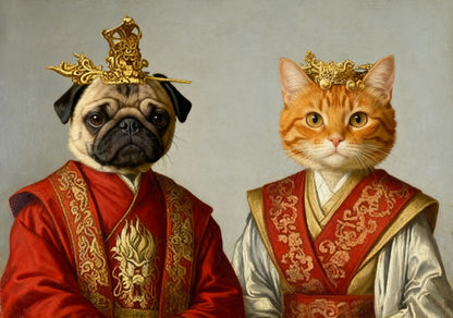 Eastern imperial portrait template with red silk brocade, gold motifs, and symmetrical ceremonial composition