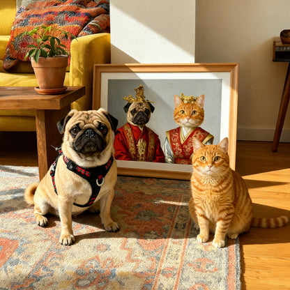 Pug and ginger cat posing with framed custom Renaissance pet portrait — personalized cat wall art for living room home decor