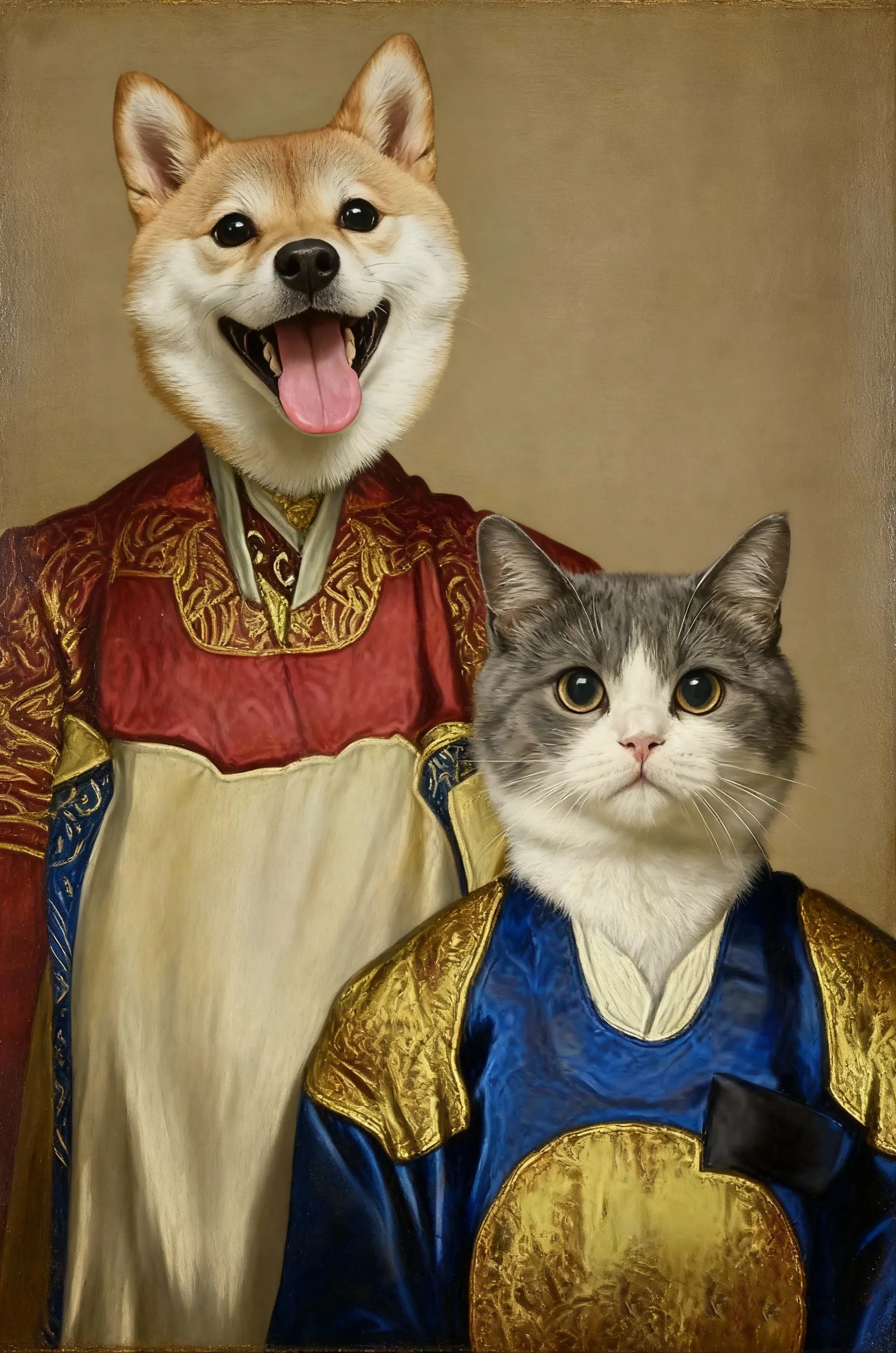 European royal portrait template with brocade robes, gilded trims, jeweled accents and a warm cream backdrop