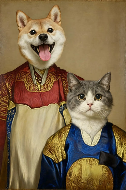 European royal portrait template with brocade robes, gilded trims, jeweled accents and a warm cream backdrop