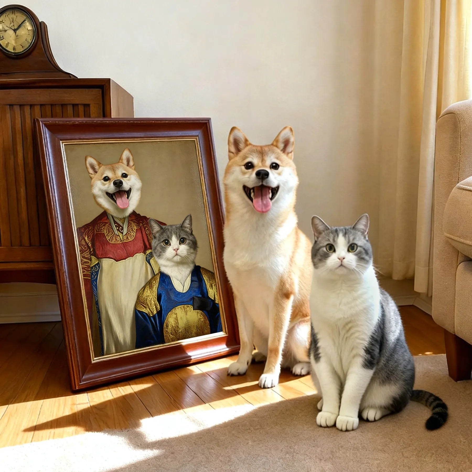Shiba Inu and gray cat beside framed custom Renaissance pet portrait — personalized pet wall art, elegant home decor gift idea