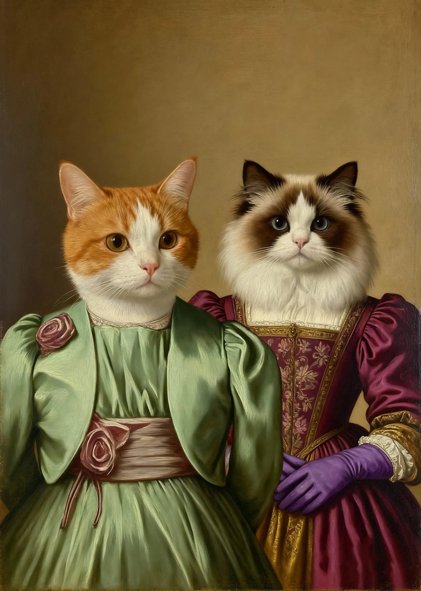 Victorian ladies’ portrait template with layered silk gowns, mint/wine/violet palette, and soft rose-gold backdrop