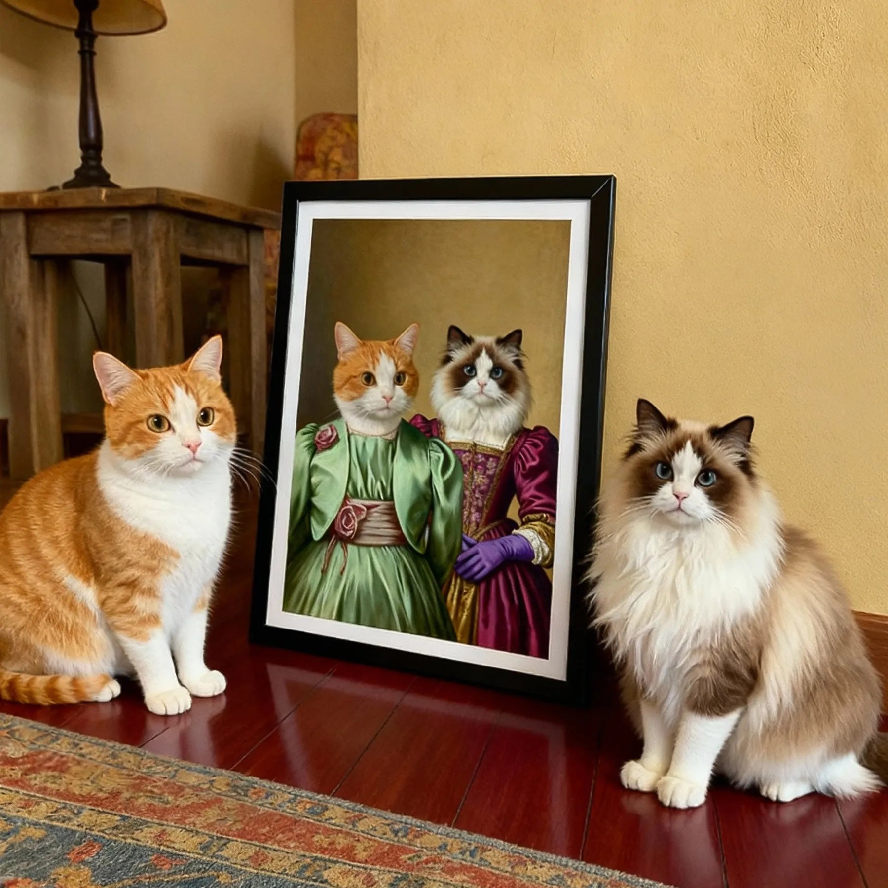 Three cats next to their framed custom Renaissance pet portrait — personalized cat painting wall art for living room decoration