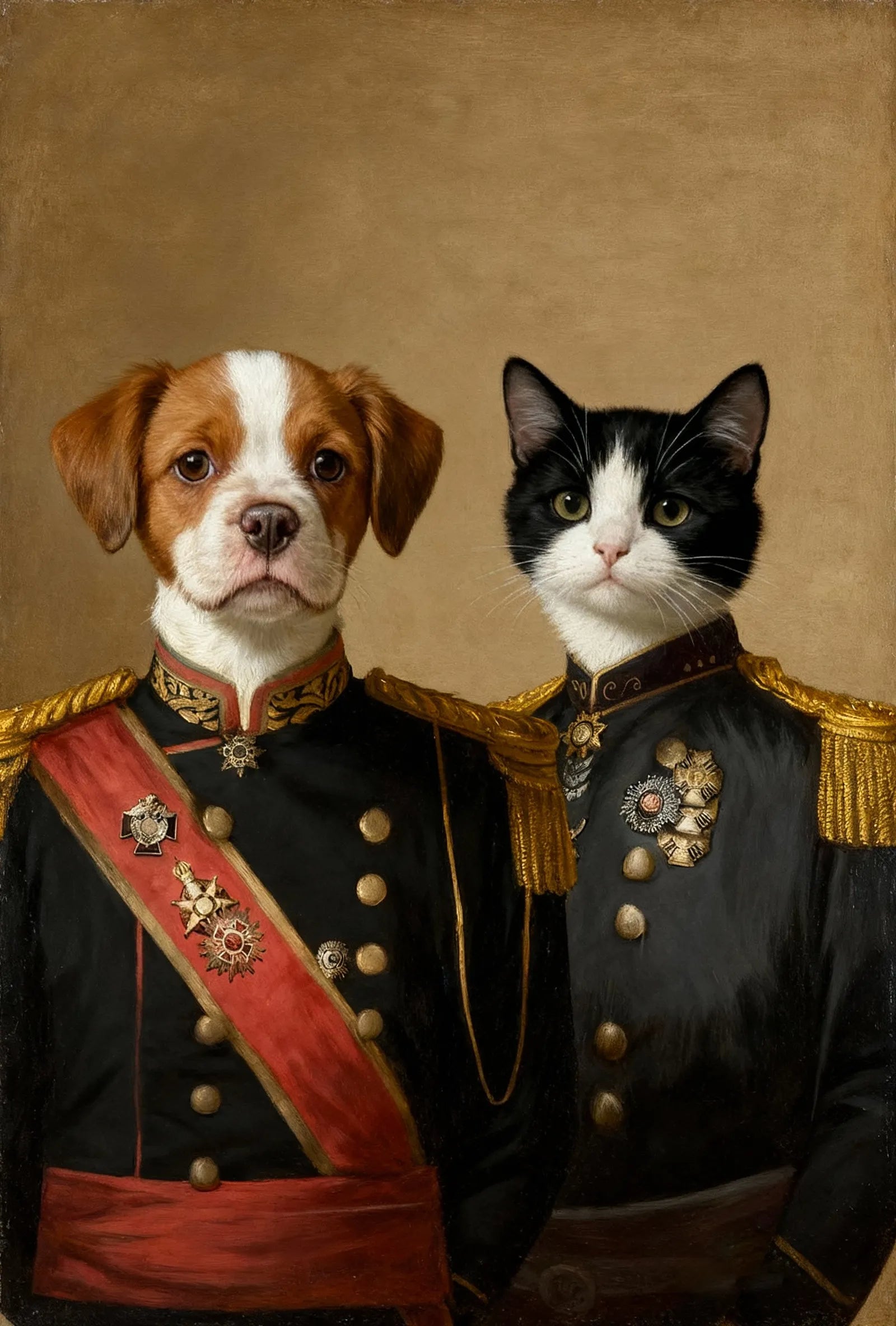 Napoleonic ceremonial portrait template with black-and-gold uniform, red sash, epaulettes, and medals