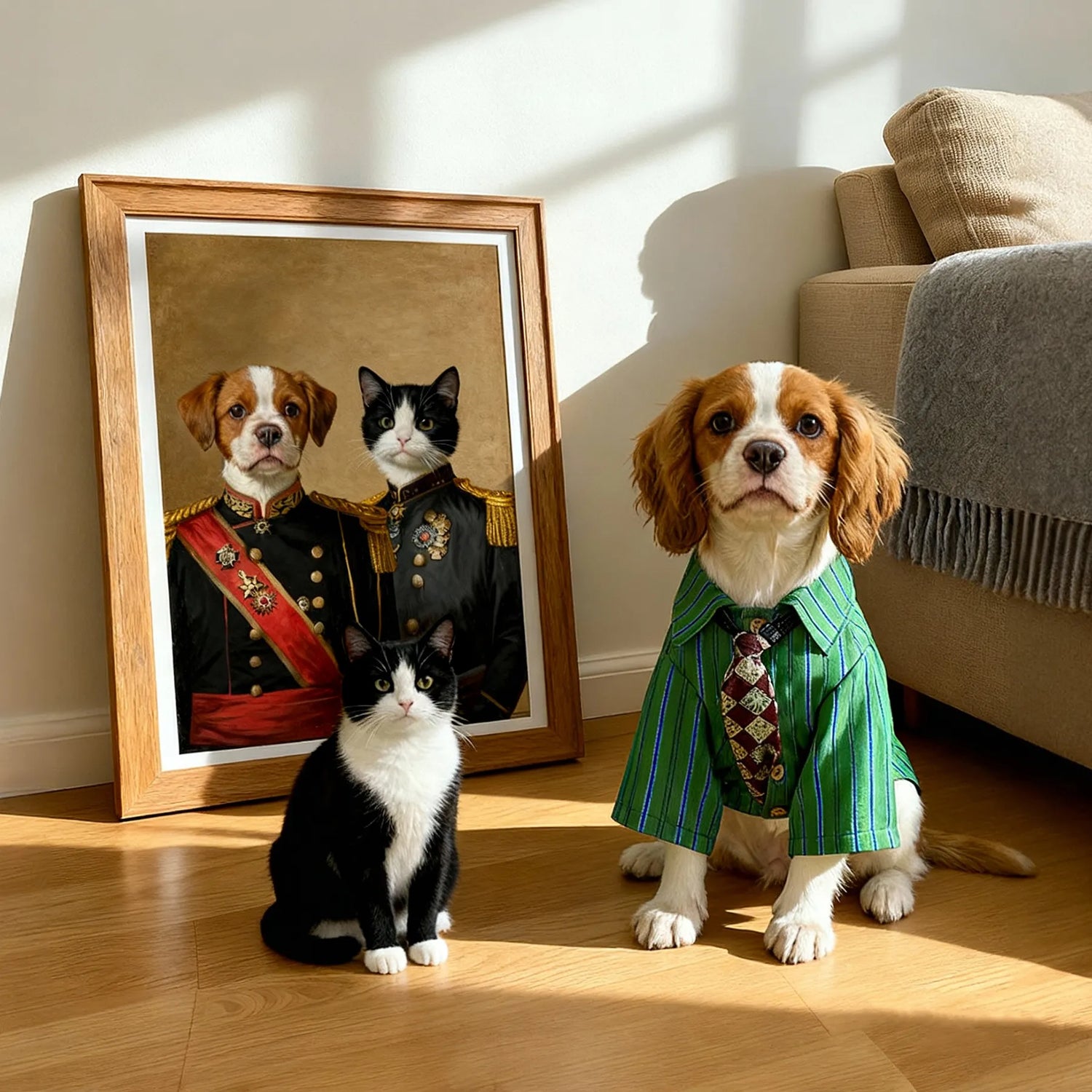 Beagle and black-and-white cat with framed custom Renaissance pet portrait — personalized dog & cat wall art for home decor