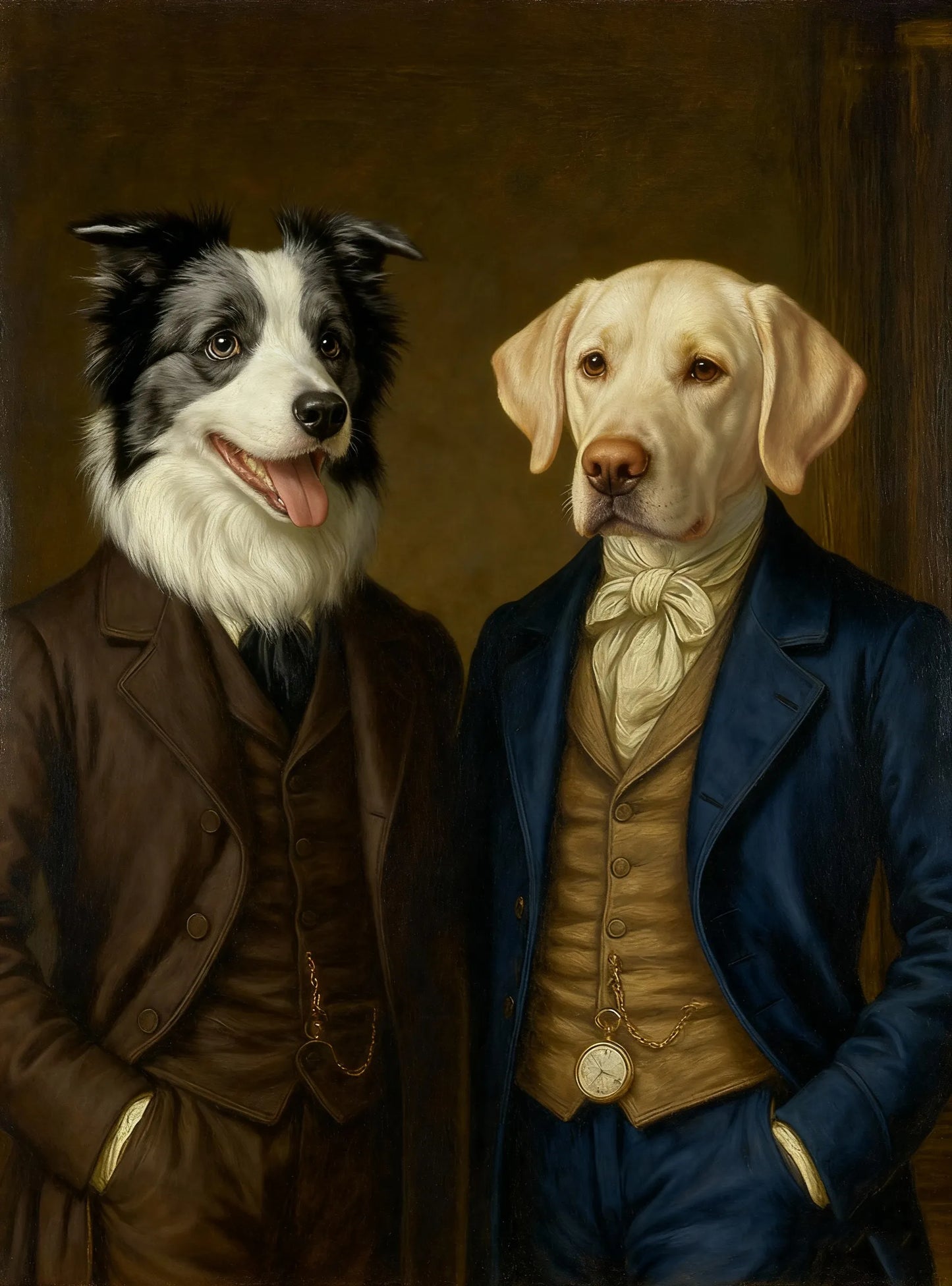 Regency portrait template with velvet jackets, waistcoats, and warm candle-lit tones in a classic English setting