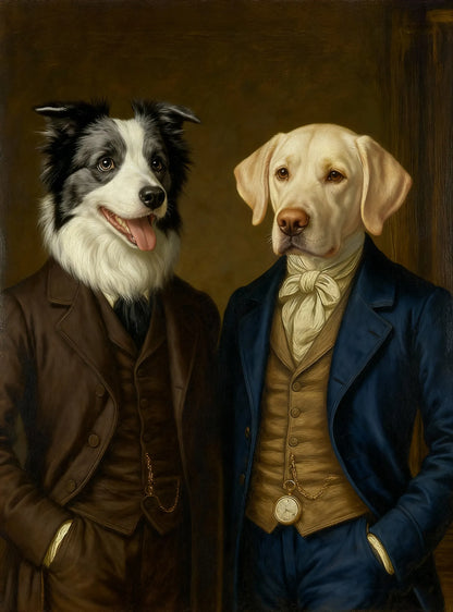 Regency portrait template with velvet jackets, waistcoats, and warm candle-lit tones in a classic English setting