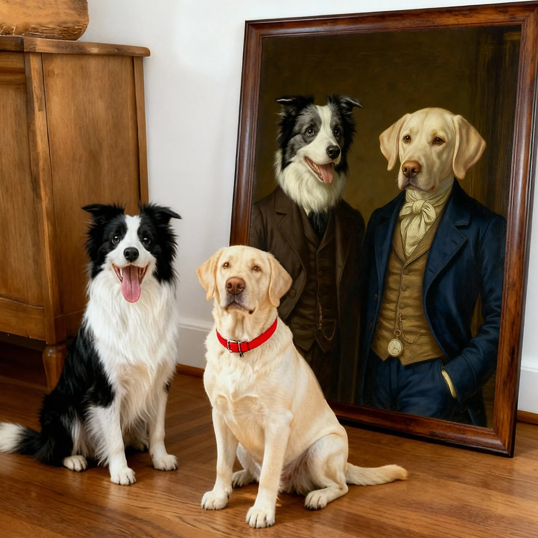 Large framed custom Renaissance pet portrait with three dogs — personalized dog wall art, statement piece for living room home decor