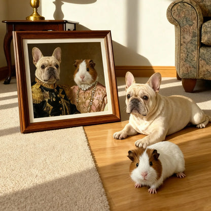Two small dogs and a guinea pig beside framed custom Renaissance pet portrait — personalized multi-pet wall art gift for pet lovers
