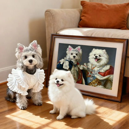 Three fluffy white dogs posing with framed custom Renaissance pet portrait — personalized multi-dog wall art, unique gift for dog moms