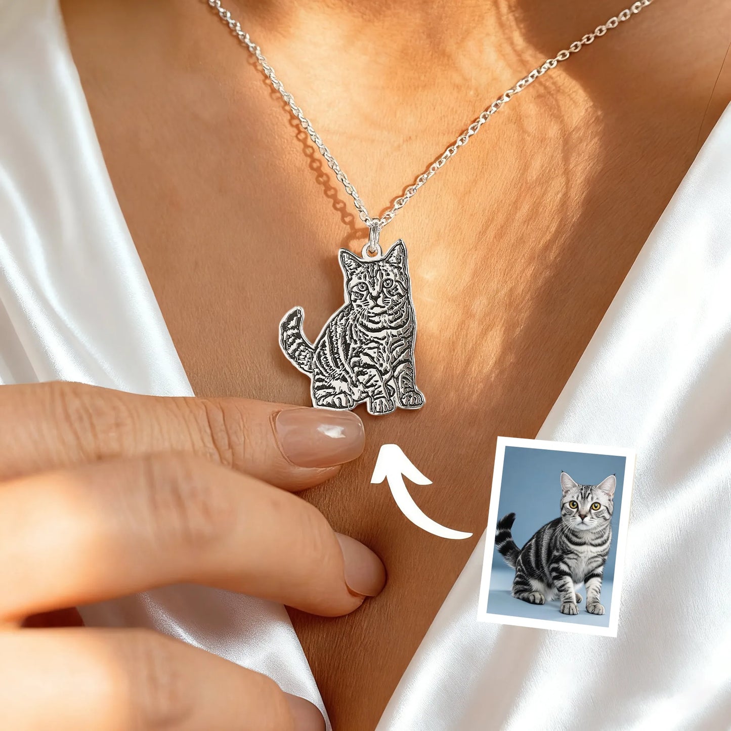 Custom pet outline necklace from photo — silver, before/after preview