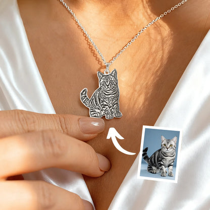 Custom pet outline necklace from photo — silver, before/after preview