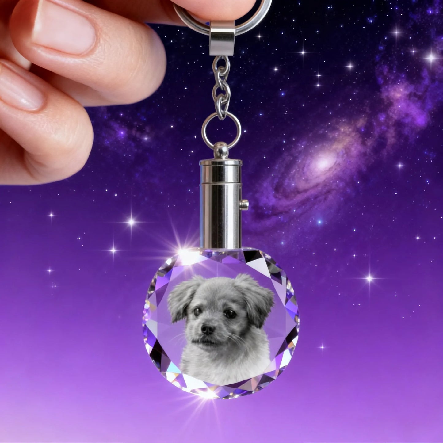 Hand holding heart-shaped crystal photo keychain — personalized pet picture