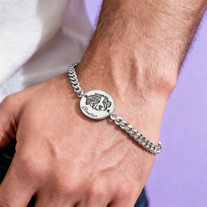 Men’s silver curb chain bracelet with round custom pet photo charm on wrist