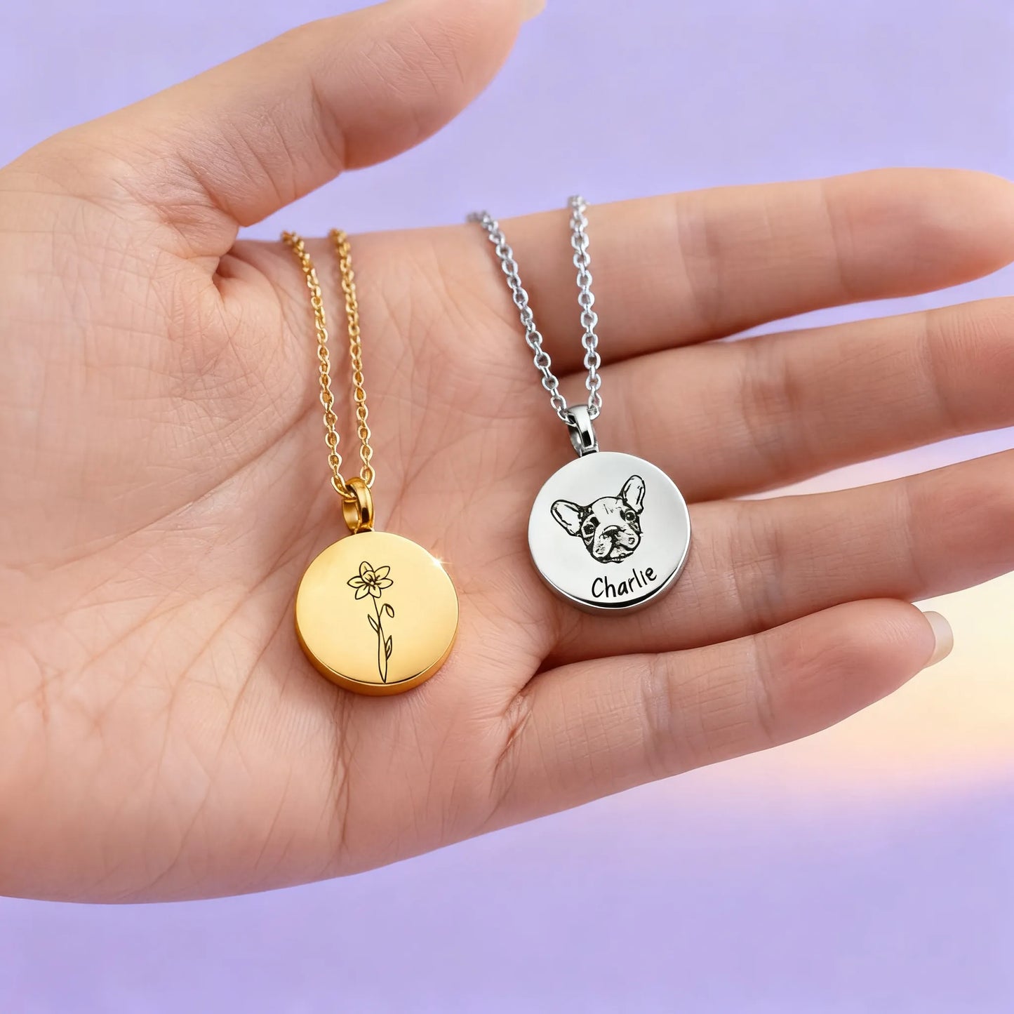 Hand holding pet memorial ashes coin necklaces — birth flower and pet portrait urn pendants
