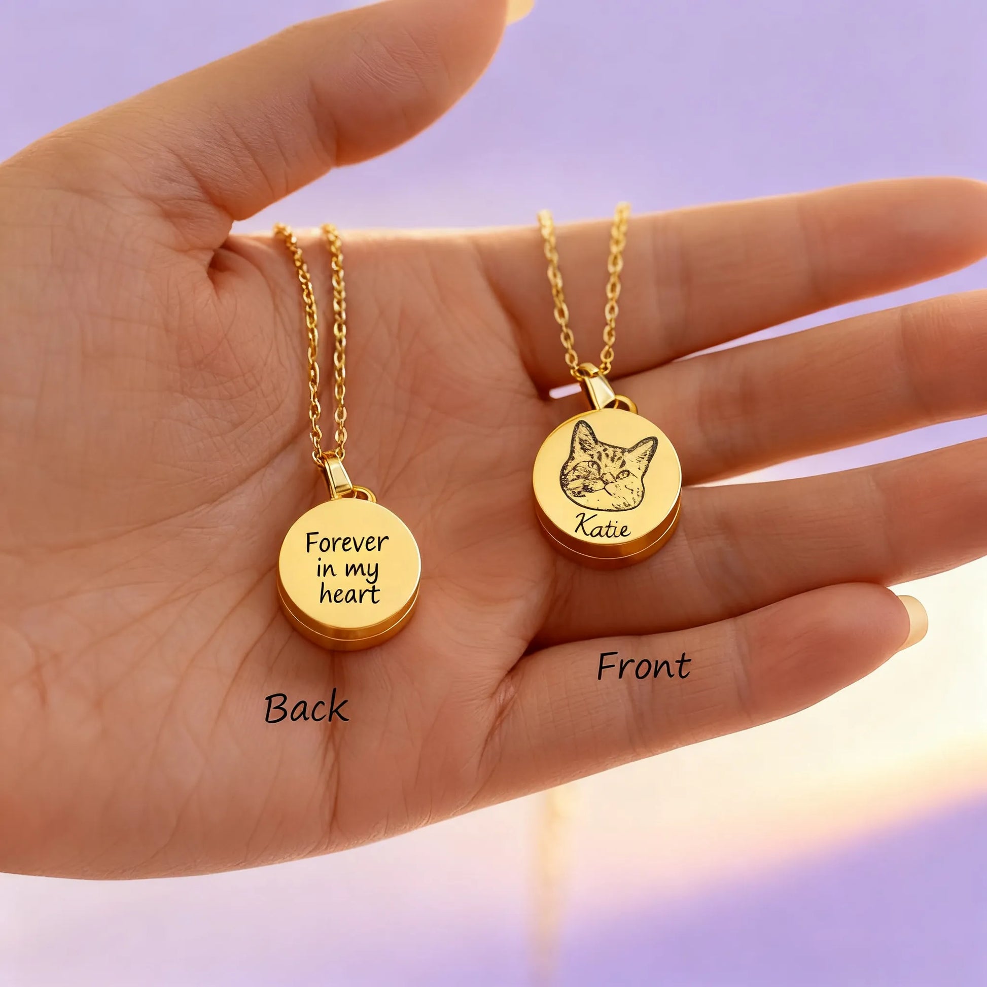 Gold round pet cremation necklace — front/back engraving and pet portrait options shown