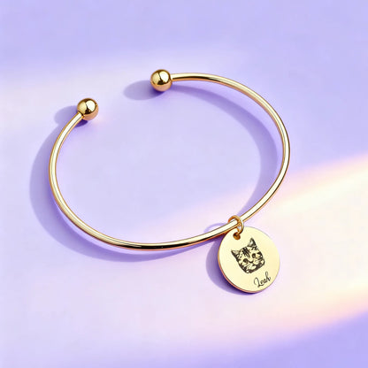 Personalized open bangle with pet photo and name charms (adjustable)