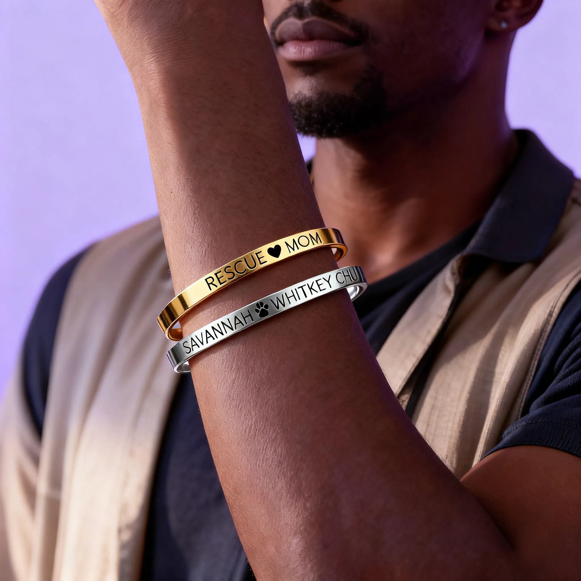 Men’s stacked engraved cuff bracelets — personalized message