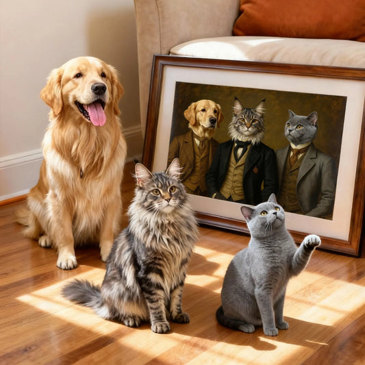 Golden retriever and two cats beside a framed custom Renaissance pet portrait — personalized multi-pet wall art for home decor