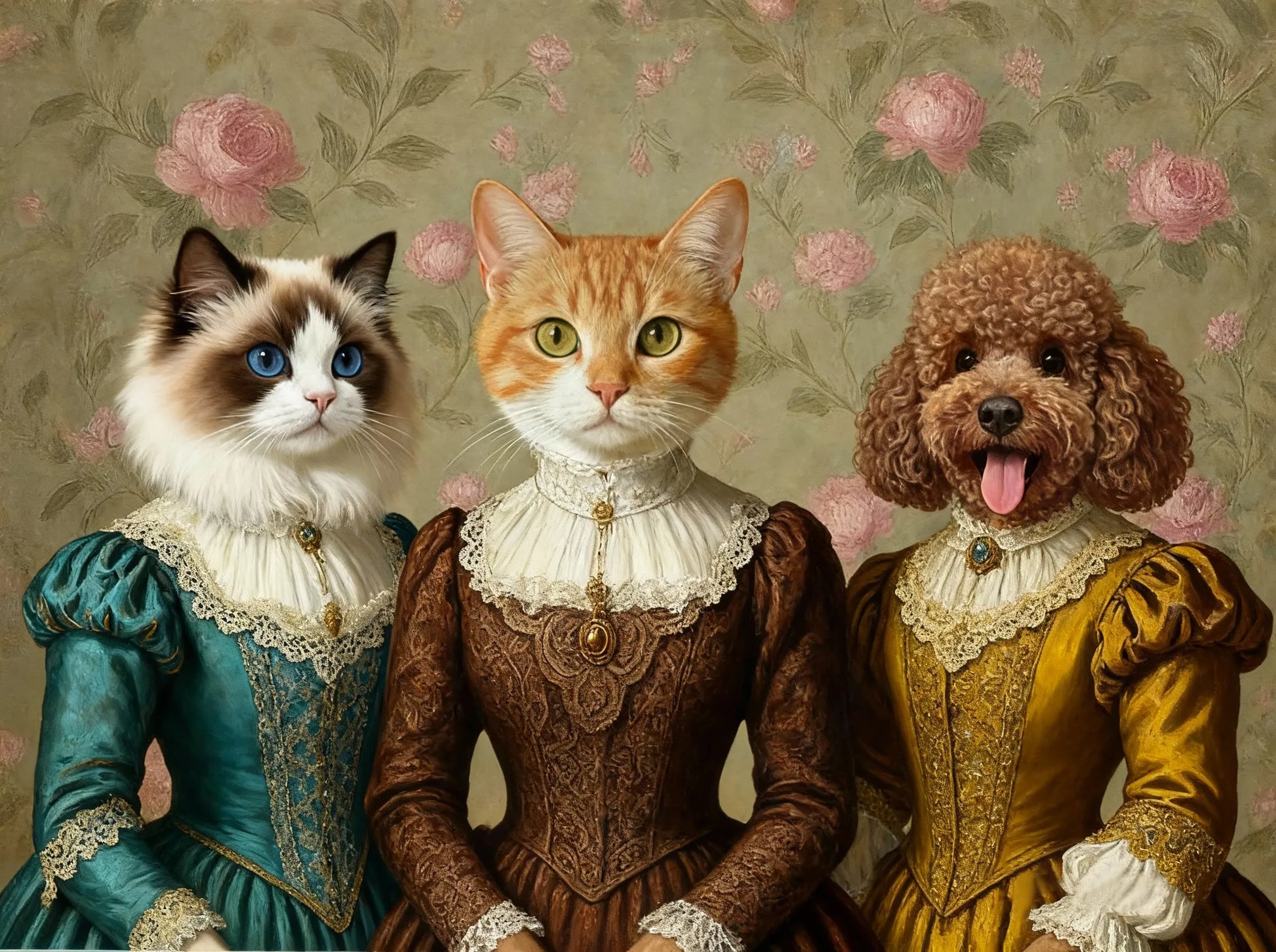 Cats and a poodle posing with an ornate framed custom Renaissance pet portrait — personalized multi-pet wall art gift for pet lovers