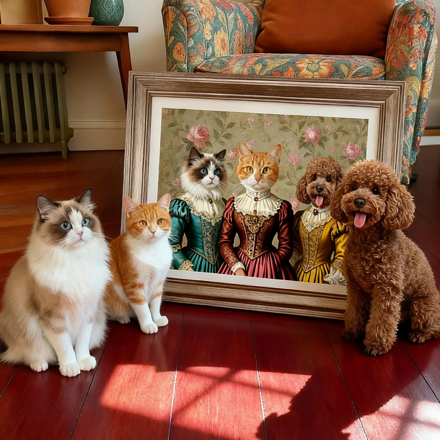 Cats and a poodle posing with an ornate framed custom Renaissance pet portrait — personalized multi-pet wall art gift for pet lovers