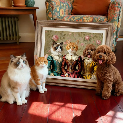 Cats and a poodle posing with an ornate framed custom Renaissance pet portrait — personalized multi-pet wall art gift for pet lovers