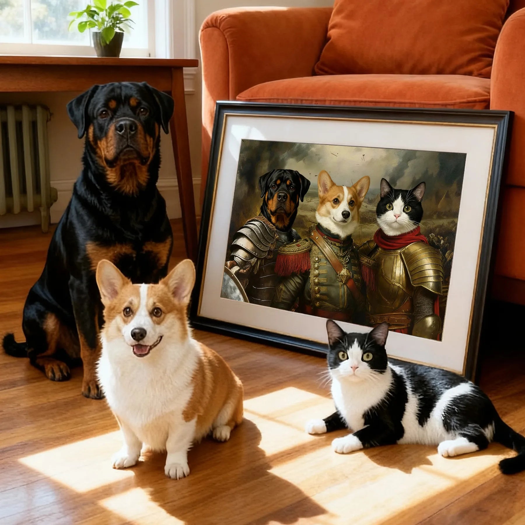 Rottweiler, corgi, and black-and-white cat next to a framed custom Renaissance pet portrait — personalized dog & cat wall art for living room