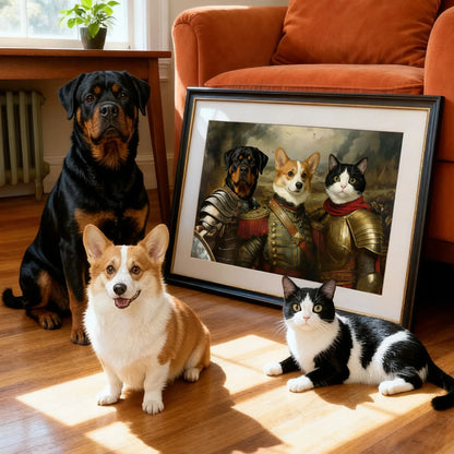 Rottweiler, corgi, and black-and-white cat next to a framed custom Renaissance pet portrait — personalized dog & cat wall art for living room