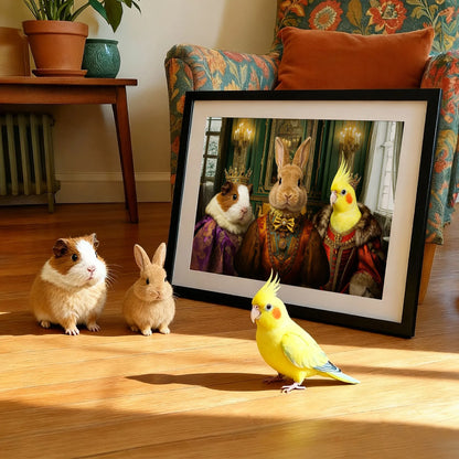 Rabbits and yellow birds with a framed custom Renaissance pet portrait — whimsical personalized pet wall art for unique home decor