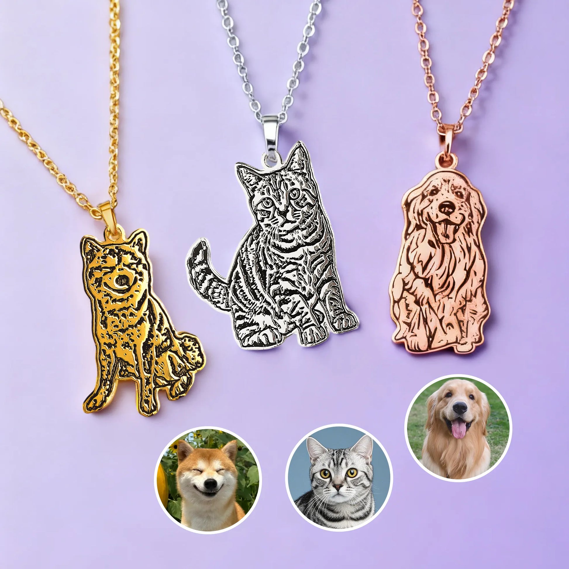 Engraved pet photo necklace in stainless steel — silver & gold finishes