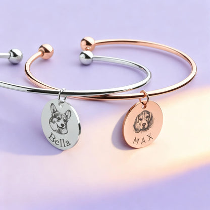 Set of two rose-gold silver pet photo name charm bangles — adjustable cuffs
