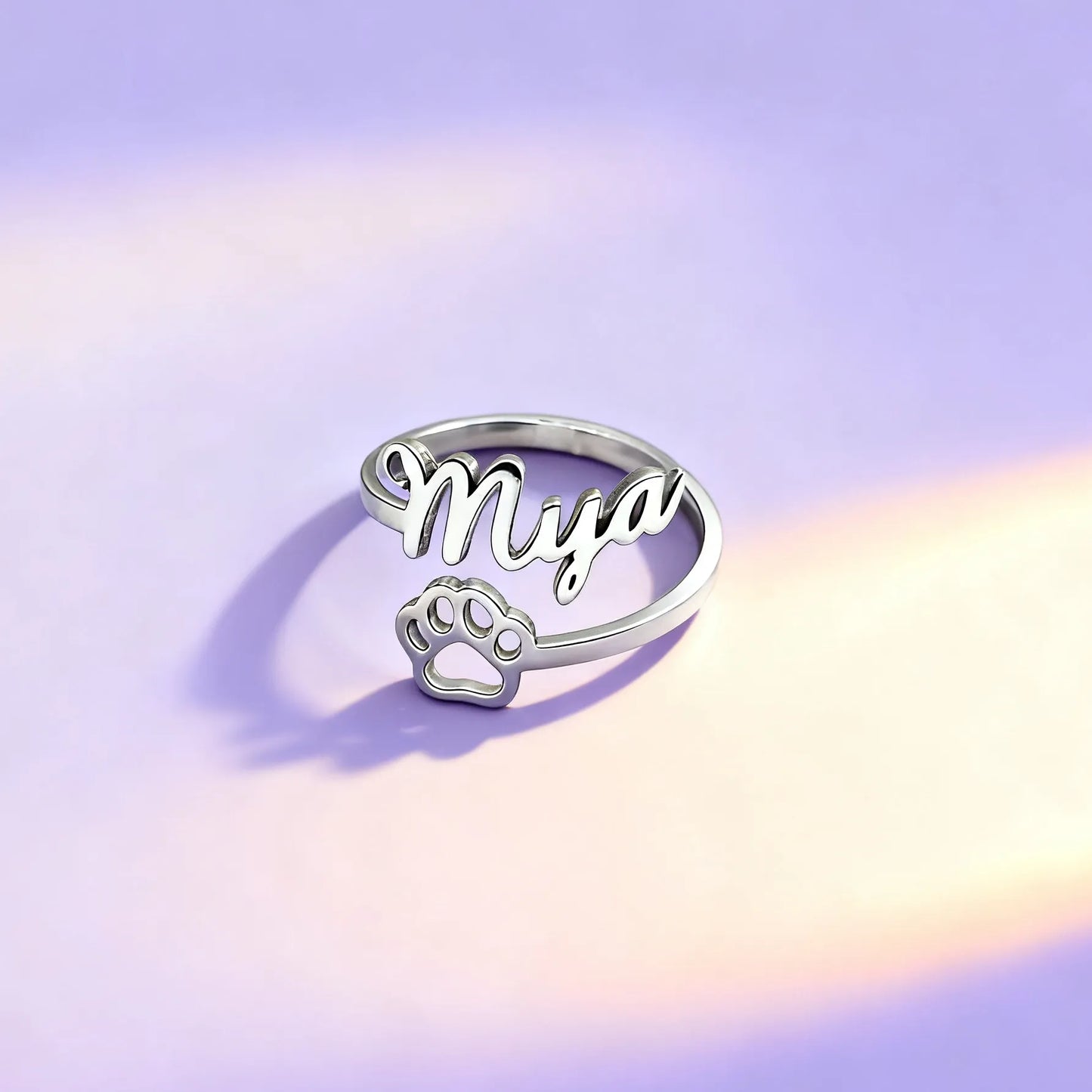 Personalized silver paw print name ring — custom adjustable pet name jewelry gift