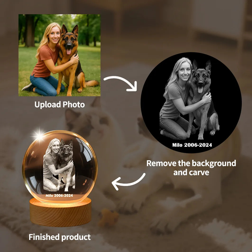Custom pet memorial crystal ball – upload photo, background removed, engraved finished product