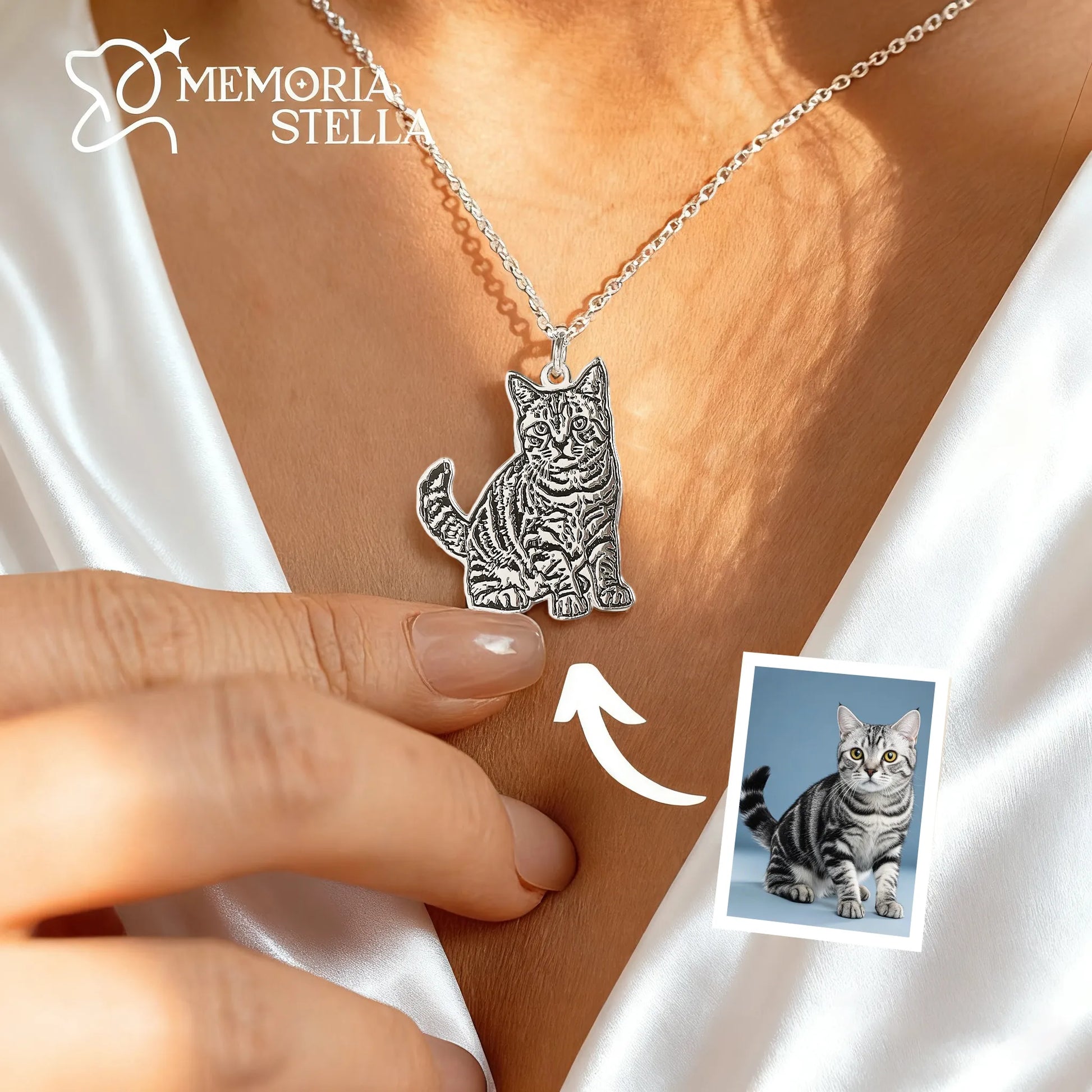 Unisex pet photo necklace in silver finish close-up