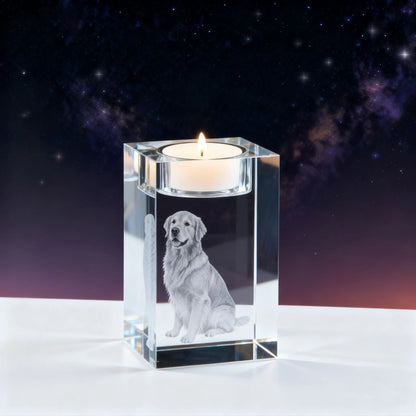 Square crystal candle holder with engraved portrait for pet memorial