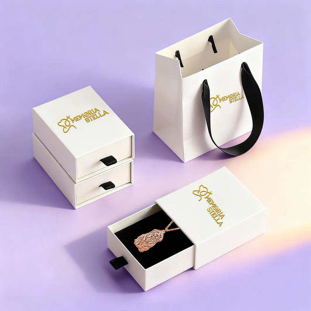 Gift packaging set — branded jewelry box, polishing cloth, paper bag for necklace